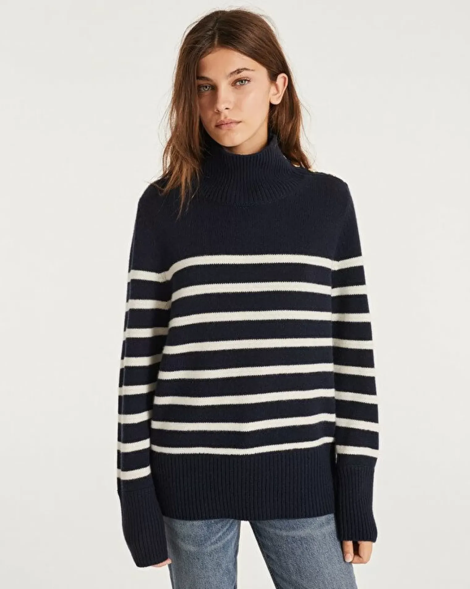 Kujten Sweaters & Sweatshirts>Chimney Neck Mariniere Cashmere Sweater, 6-Threads Bleu Marine Fonce