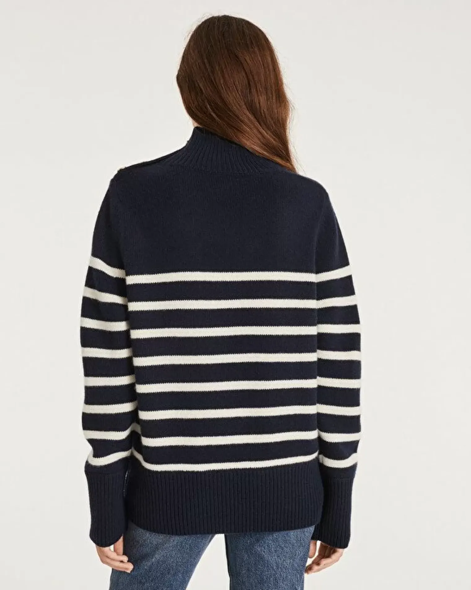 Kujten Sweaters & Sweatshirts>Chimney Neck Mariniere Cashmere Sweater, 6-Threads Bleu Marine Fonce
