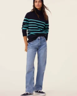 Kujten Sweaters & Sweatshirts>Chimney Neck Mariniere Cashmere Sweater, 6-Threads Marine Turquoise