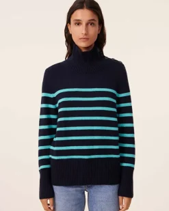 Kujten Sweaters & Sweatshirts>Chimney Neck Mariniere Cashmere Sweater, 6-Threads Marine Turquoise