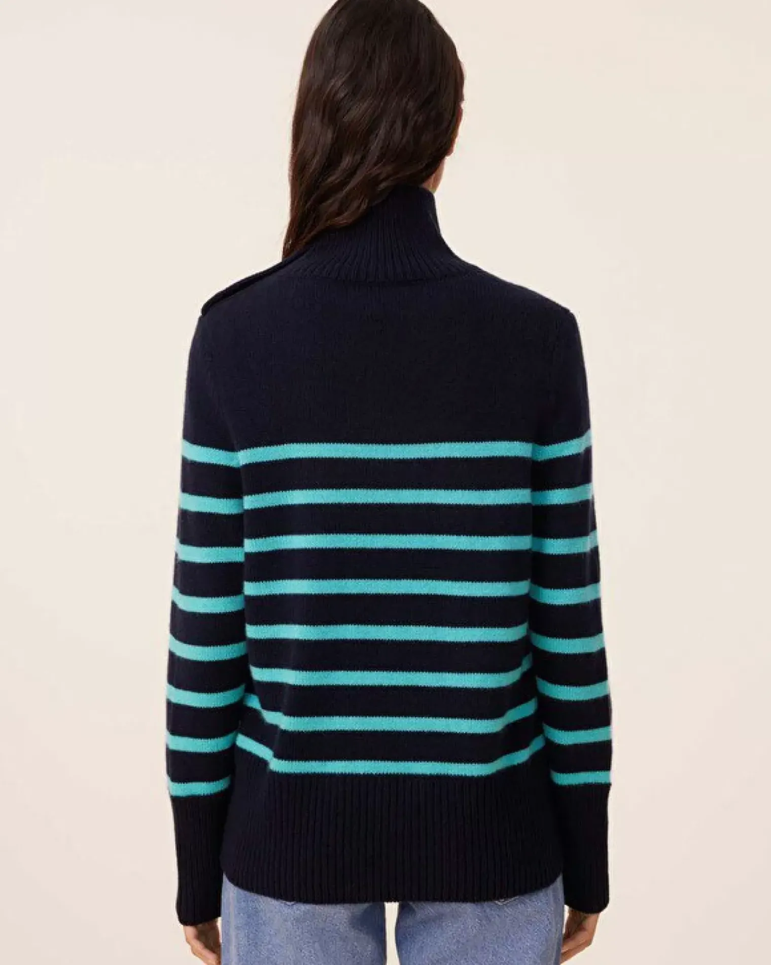 Kujten Sweaters & Sweatshirts>Chimney Neck Mariniere Cashmere Sweater, 6-Threads Marine Turquoise