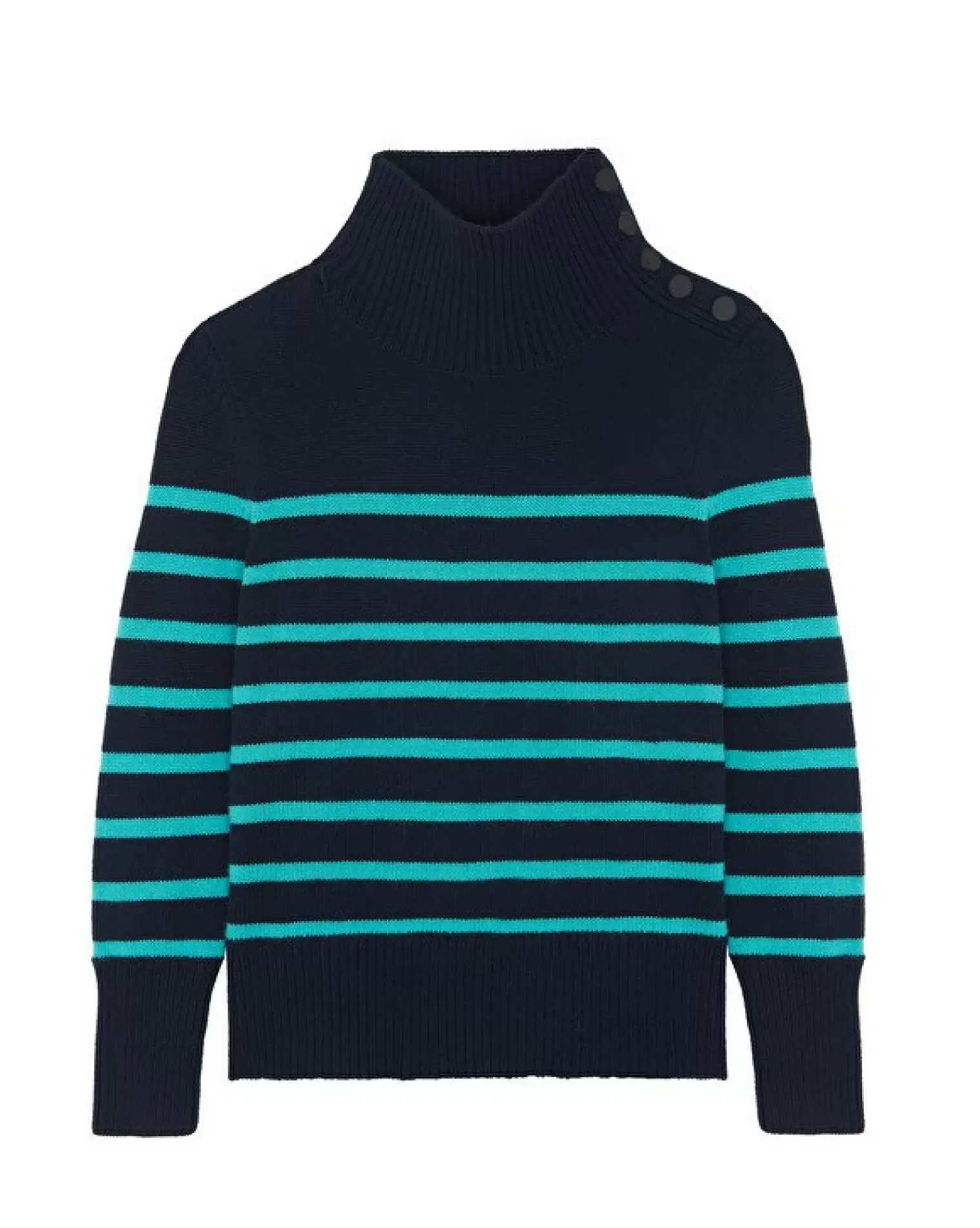 Kujten Sweaters & Sweatshirts>Chimney Neck Mariniere Cashmere Sweater, 6-Threads Marine Turquoise