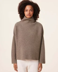 Kujten Sweaters & Sweatshirts>Chimney Neck Oversize Cashmere Sweater, 10-Threads Kaki Chine