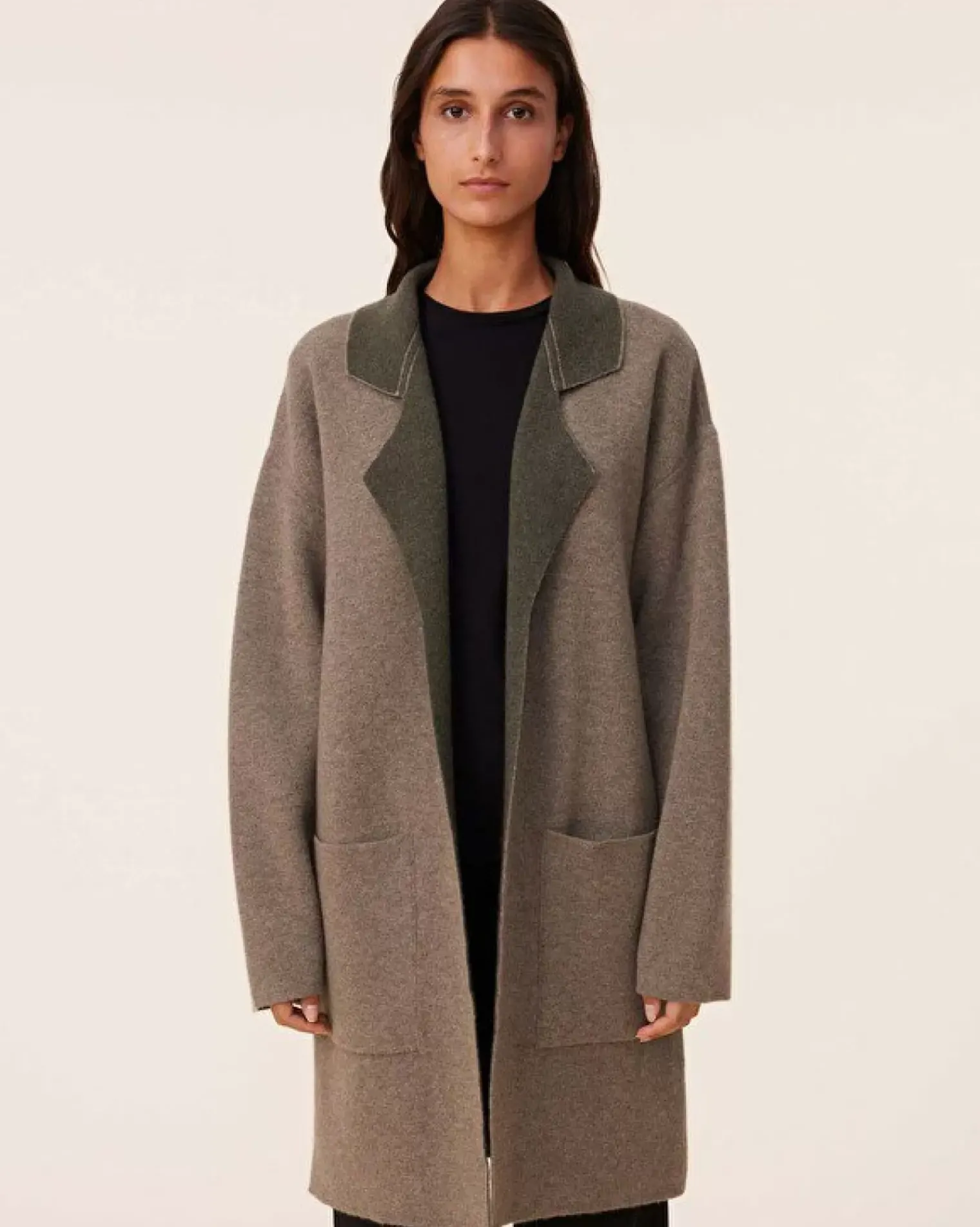Kujten Coats>Double Sided Long Cashmere Blazer Jacket, 2-Threads Kaki Chine