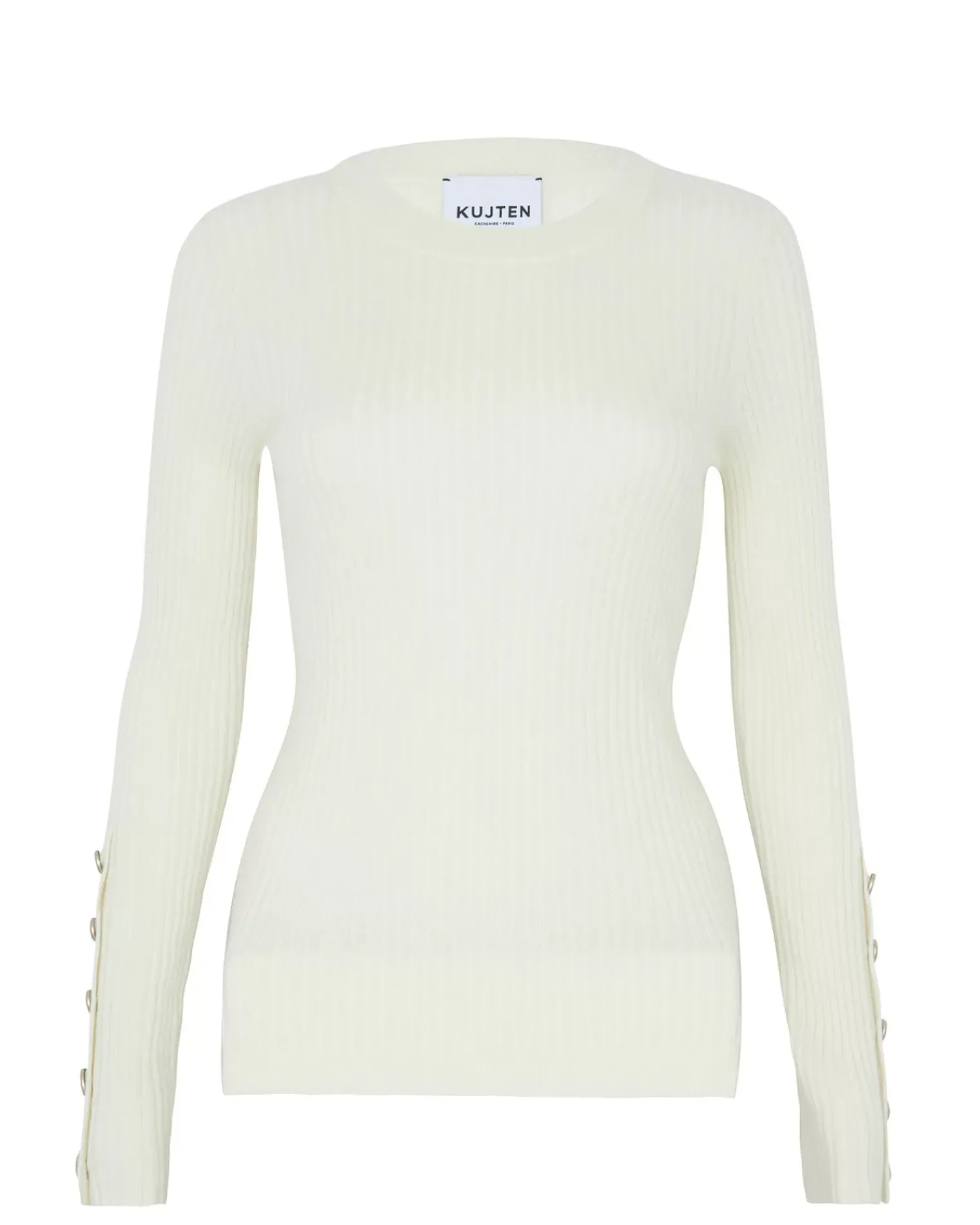 Kujten Sweaters & Sweatshirts>Flat Rib Round Neck Cashmere Sweater, 2-Threads Blanc