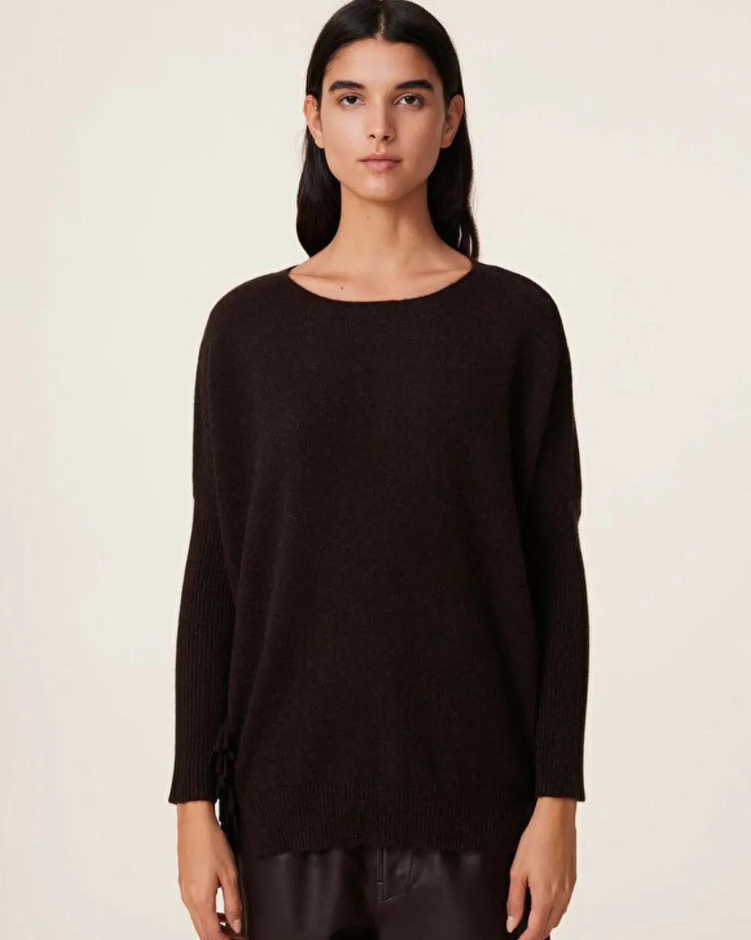 Kujten Sweaters & Sweatshirts>Fringed Sleeves Cashmere Sweater, 2-Threads Marron