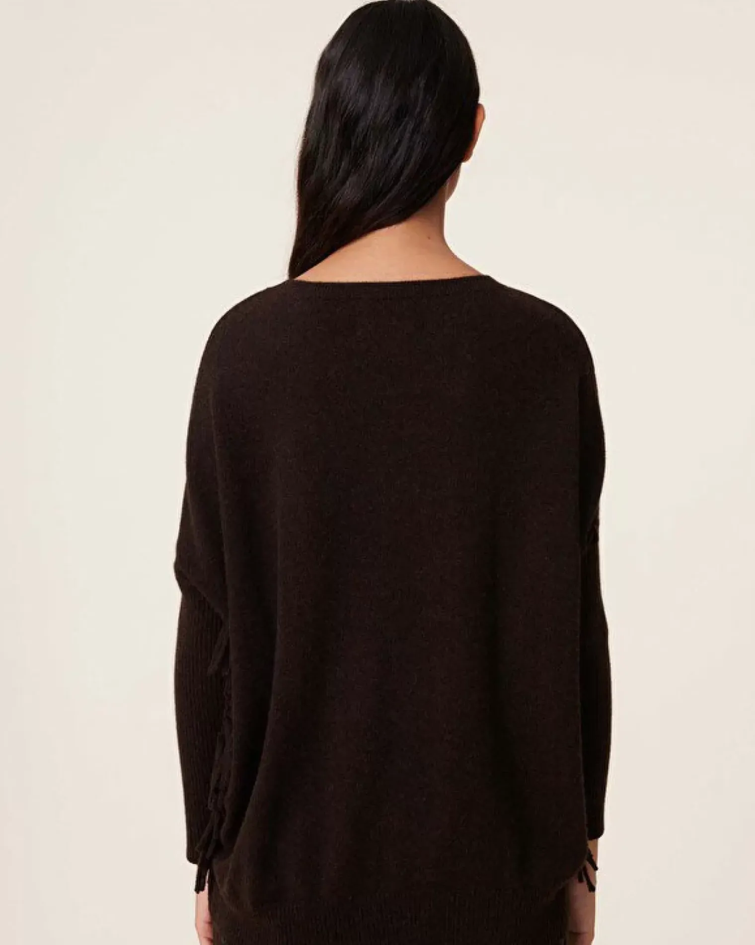 Kujten Sweaters & Sweatshirts>Fringed Sleeves Cashmere Sweater, 2-Threads Marron