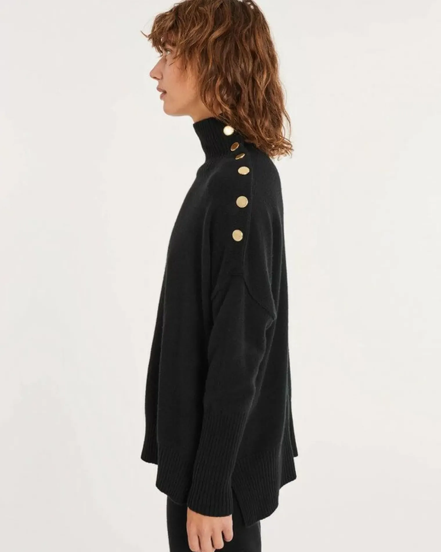 Kujten Sweaters & Sweatshirts>Funnel Neck Buttons Cashmere Sweater, 4-Threads Noir