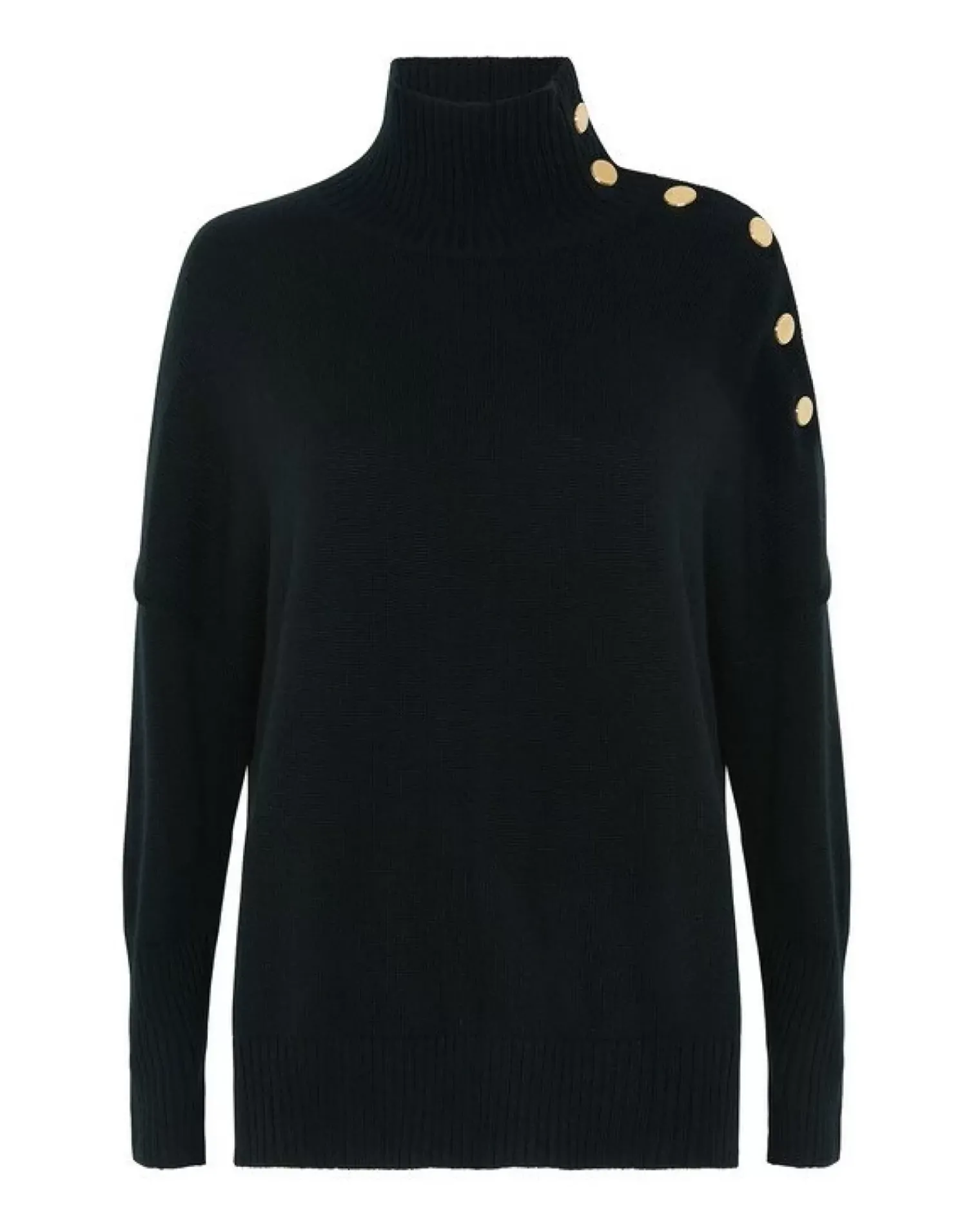 Kujten Sweaters & Sweatshirts>Funnel Neck Buttons Cashmere Sweater, 4-Threads Noir