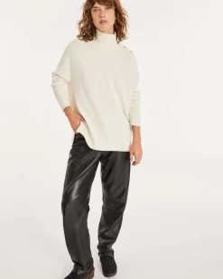 Kujten Sweaters & Sweatshirts>Funnel Neck Buttons Cashmere Sweater, 4-Threads Blanc