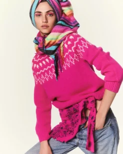 Kujten Sweaters & Sweatshirts>Jacquard Chimney Neck Cashmere Sweater, 4-Threads Rose Neon