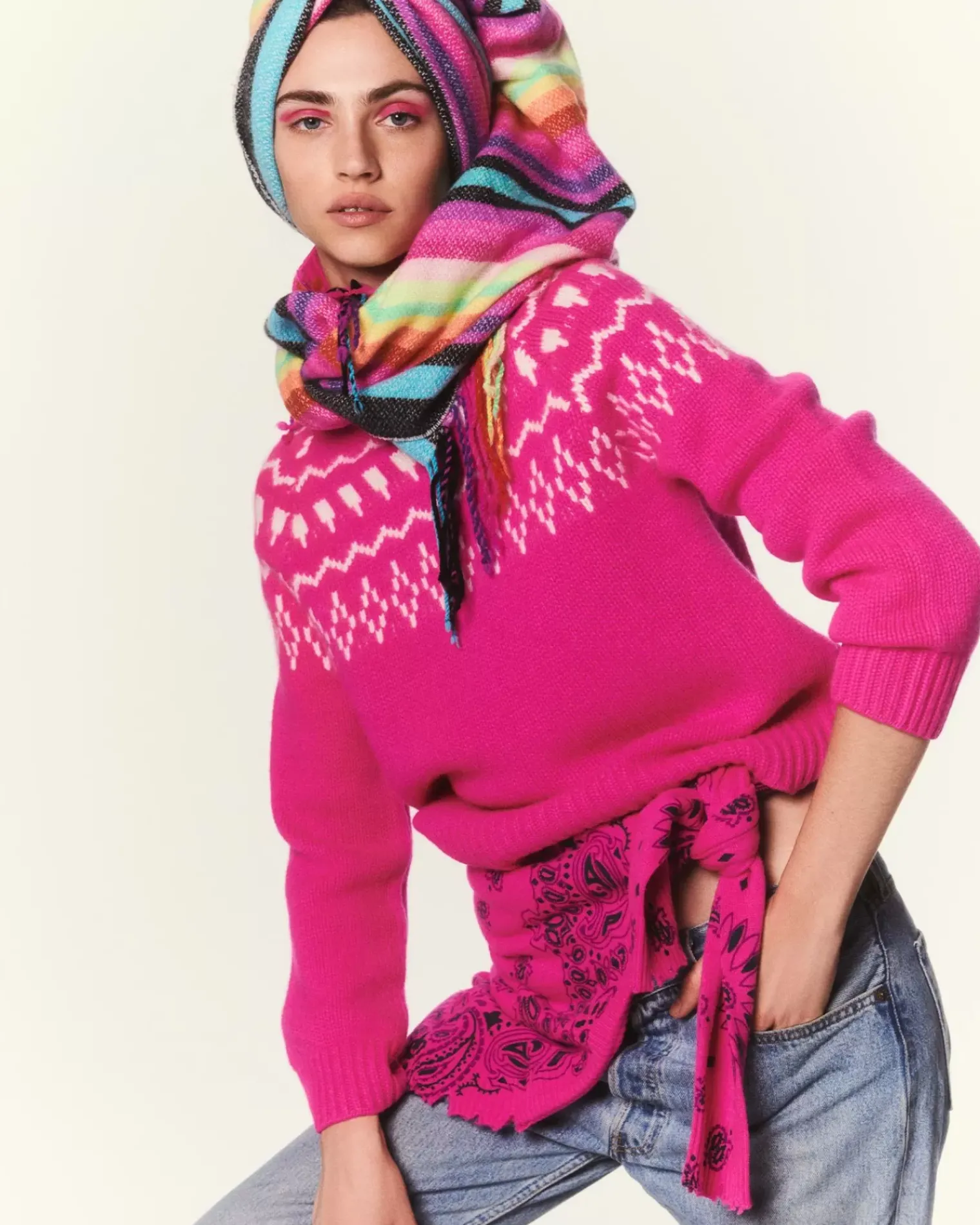 Kujten Sweaters & Sweatshirts>Jacquard Chimney Neck Cashmere Sweater, 4-Threads Rose Neon