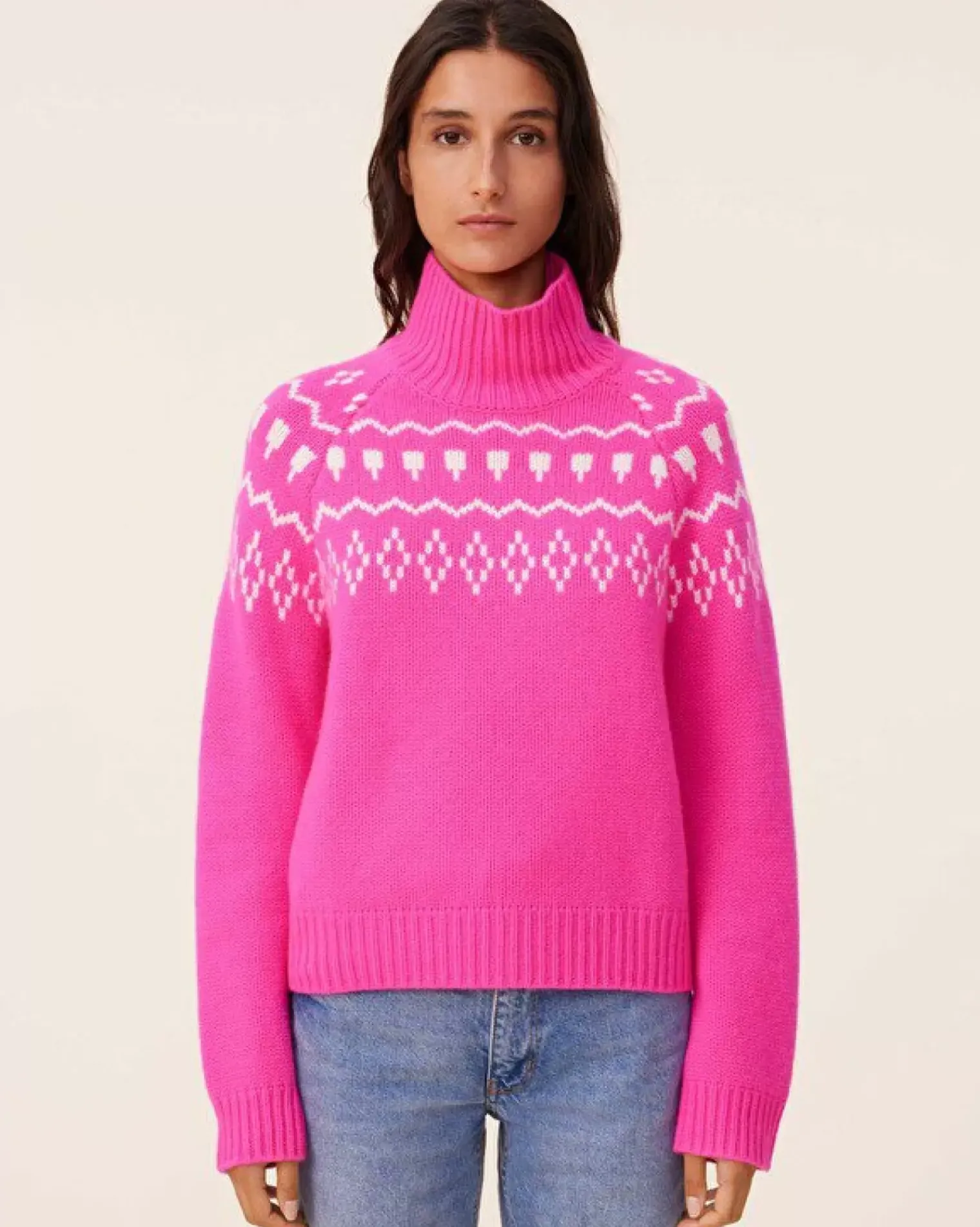 Kujten Sweaters & Sweatshirts>Jacquard Chimney Neck Cashmere Sweater, 4-Threads Rose Neon