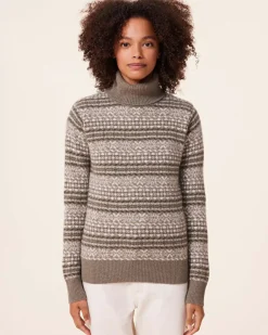 Kujten Sweaters & Sweatshirts>Jacquard Chimney Neck Cashmere Sweater, 4-Threads Kaki Chine