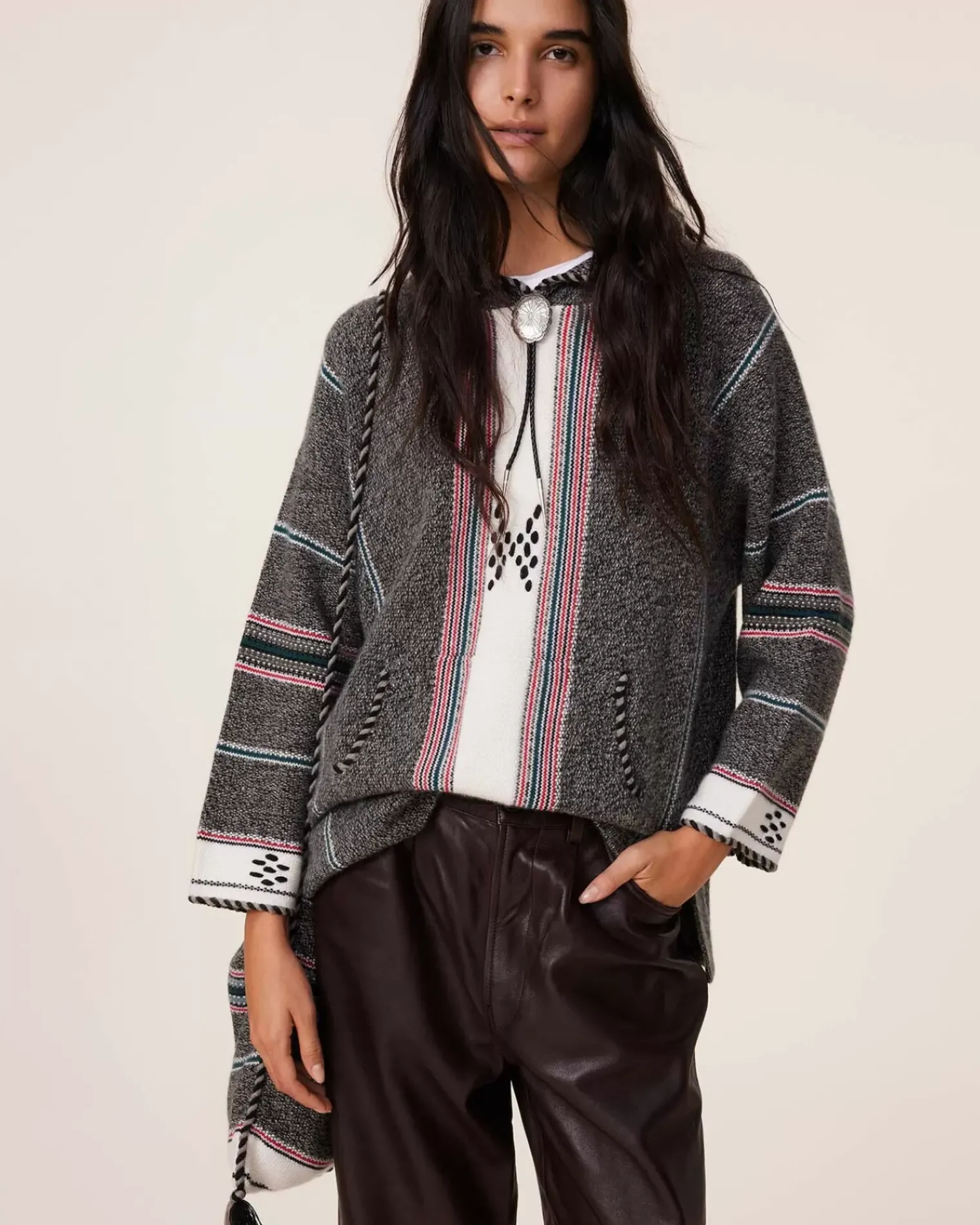 Kujten Hoodies>Jacquard Oversized Cashmere Hoodie, 6-Threads Kaki Chine