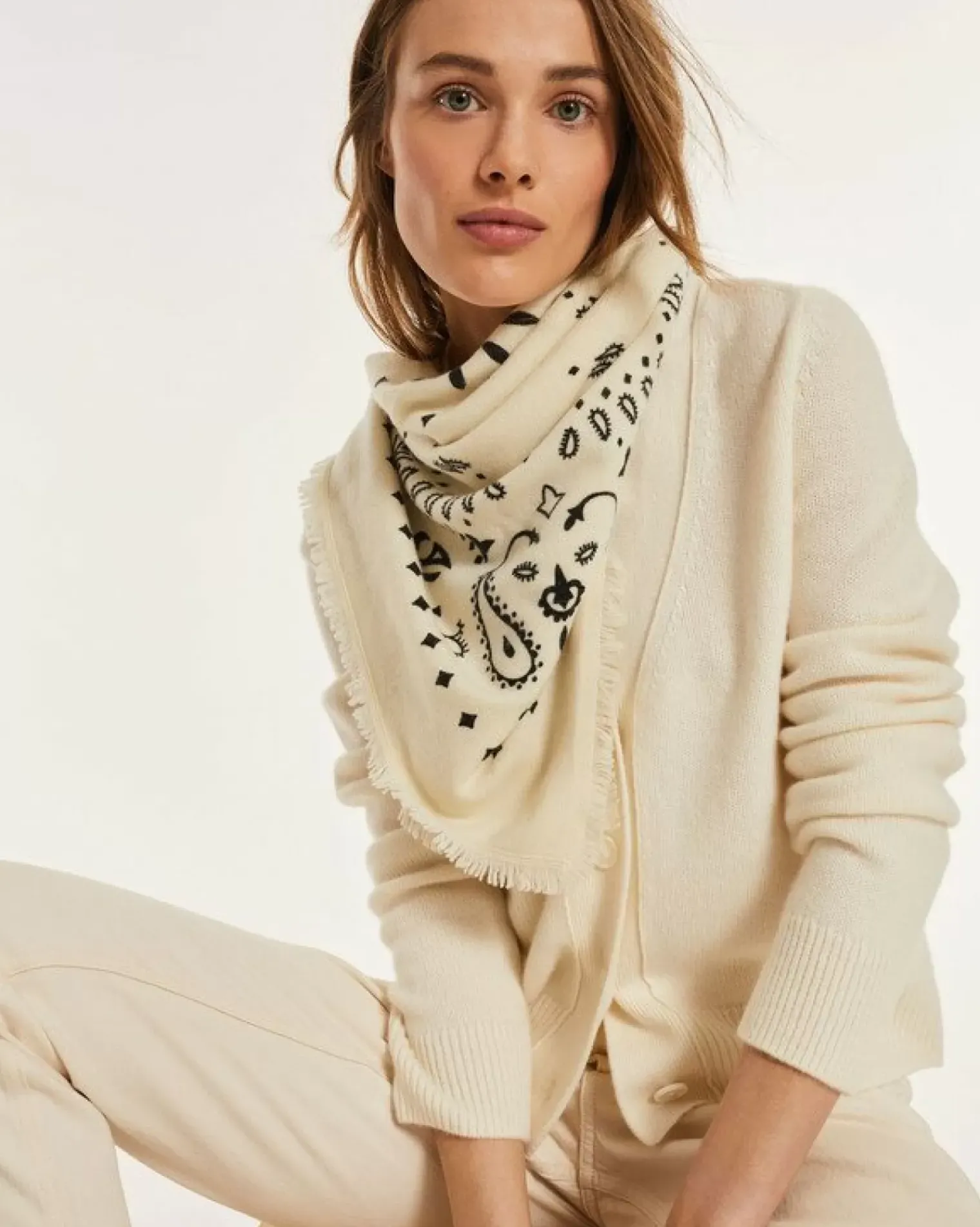 Kujten Scarves & Snoods>Large Cashmere Bandana, 2-Threads Blanc