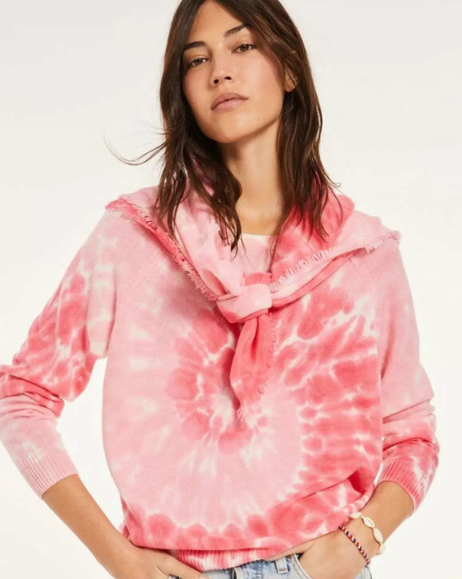 Kujten Bandanas>Large Printed Cashmere Bandana Rose Fluo