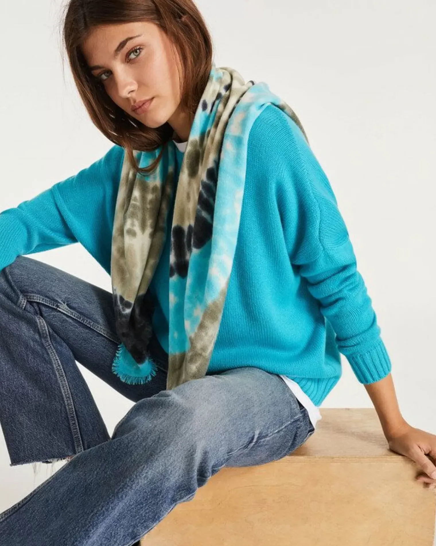 Kujten Bandanas>Large Printed Cashmere Bandana Bleu Turquoise