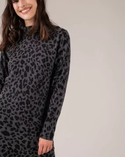 Kujten Dresses & Skirts>Leopard Funnel Neck Cashmere Dress Gris Anthracite Leopard