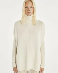 Kujten Capes & Ponchos>Lined Turtleneck Woman Cashmere Tunic, 6-Threads Blanc