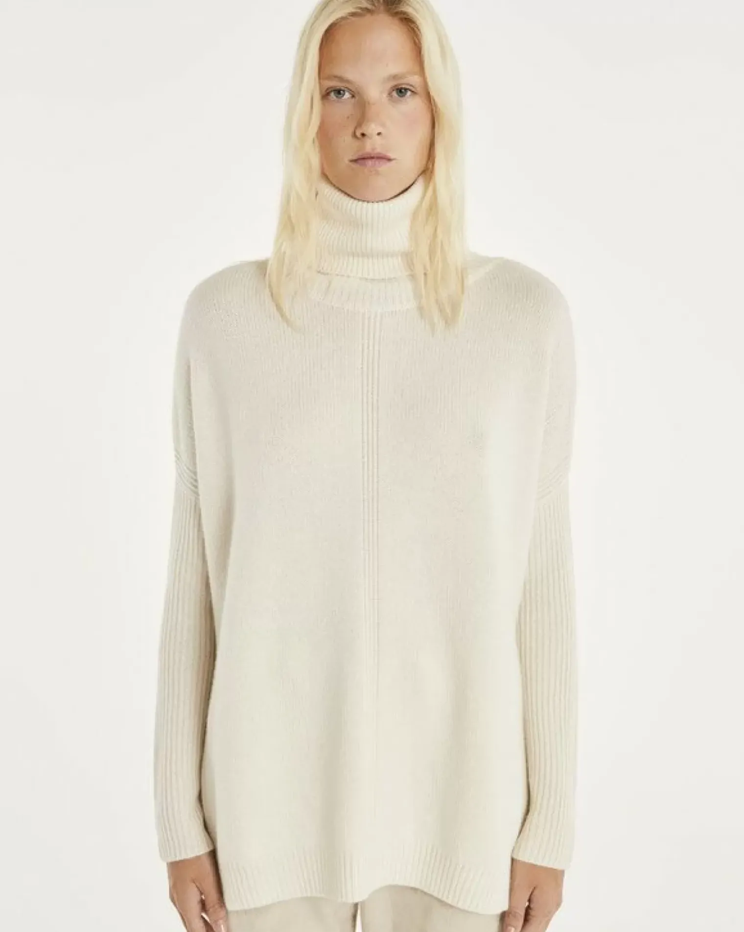 Kujten Capes & Ponchos>Lined Turtleneck Woman Cashmere Tunic, 6-Threads Blanc