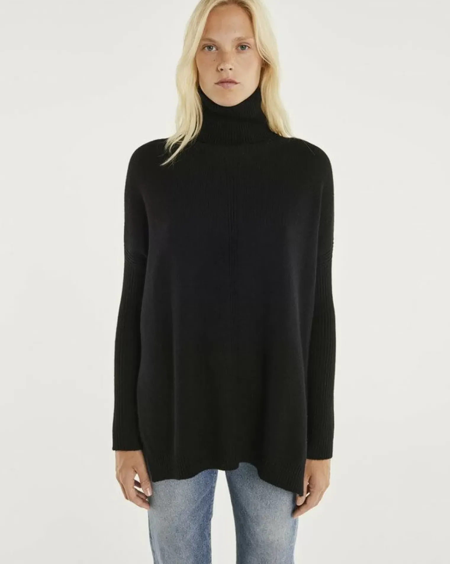 Kujten Capes & Ponchos>Lined Turtleneck Woman Cashmere Tunic Noir