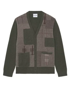 Kujten Jackets & Vests>Long Patchwork Cashmere Cardigan, 4-Threads Kaki Fonce