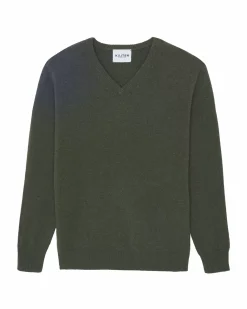 Kujten Sweaters & Sweatshirts>Long-Sleeved V-Neck Cashmere Sweater Kaki Fonce