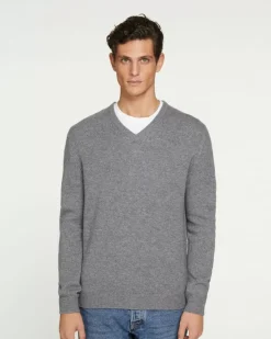 Kujten Sweaters & Sweatshirts>Long-Sleeved V-Neck Cashmere Sweater Gris Flanelle