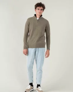 Kujten Sweaters & Sweatshirts>Man Plain Truck Collar Cashmere Sweater, 4-Threads Kaki Chine