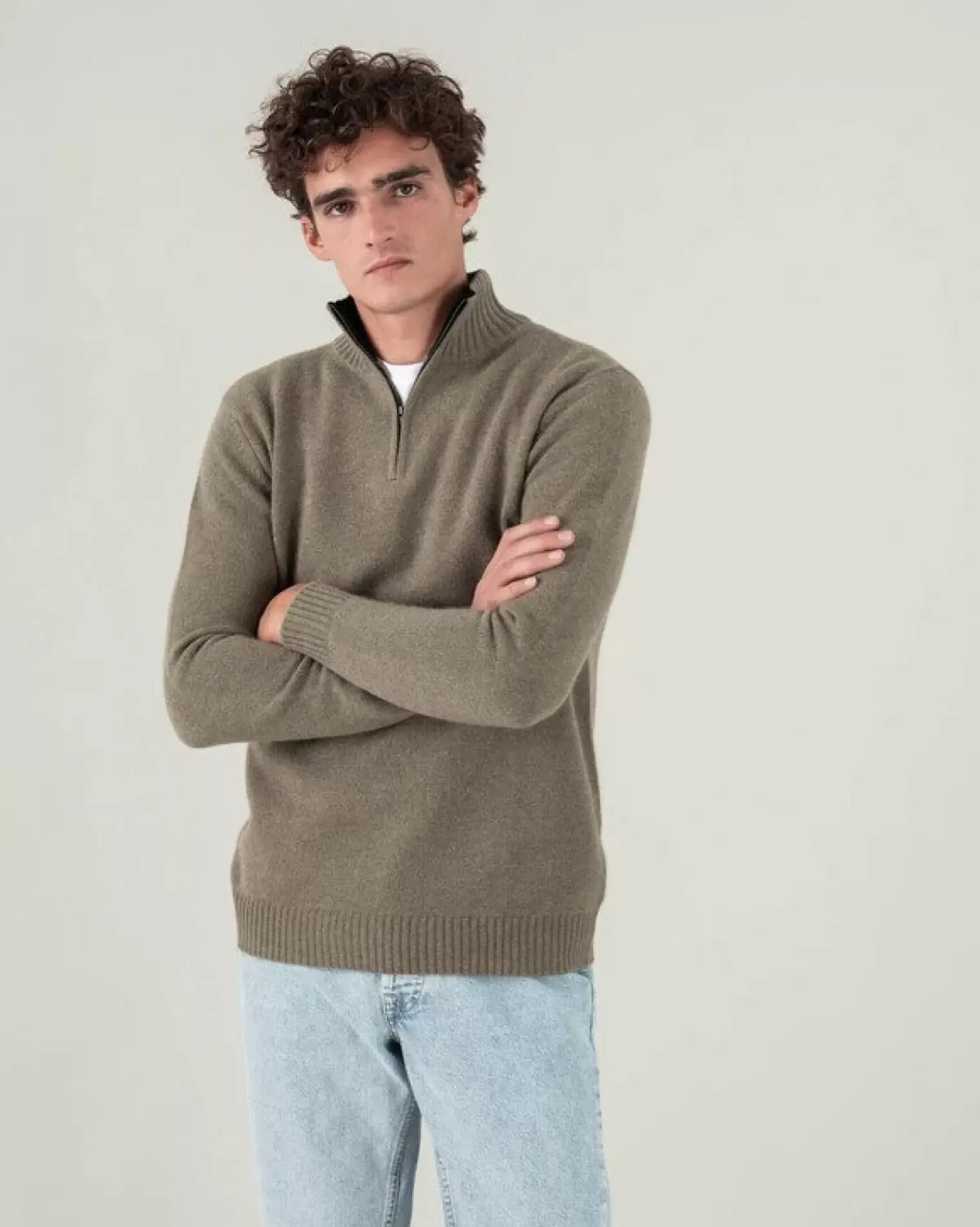 Kujten Sweaters & Sweatshirts>Man Plain Truck Collar Cashmere Sweater, 4-Threads Kaki Chine