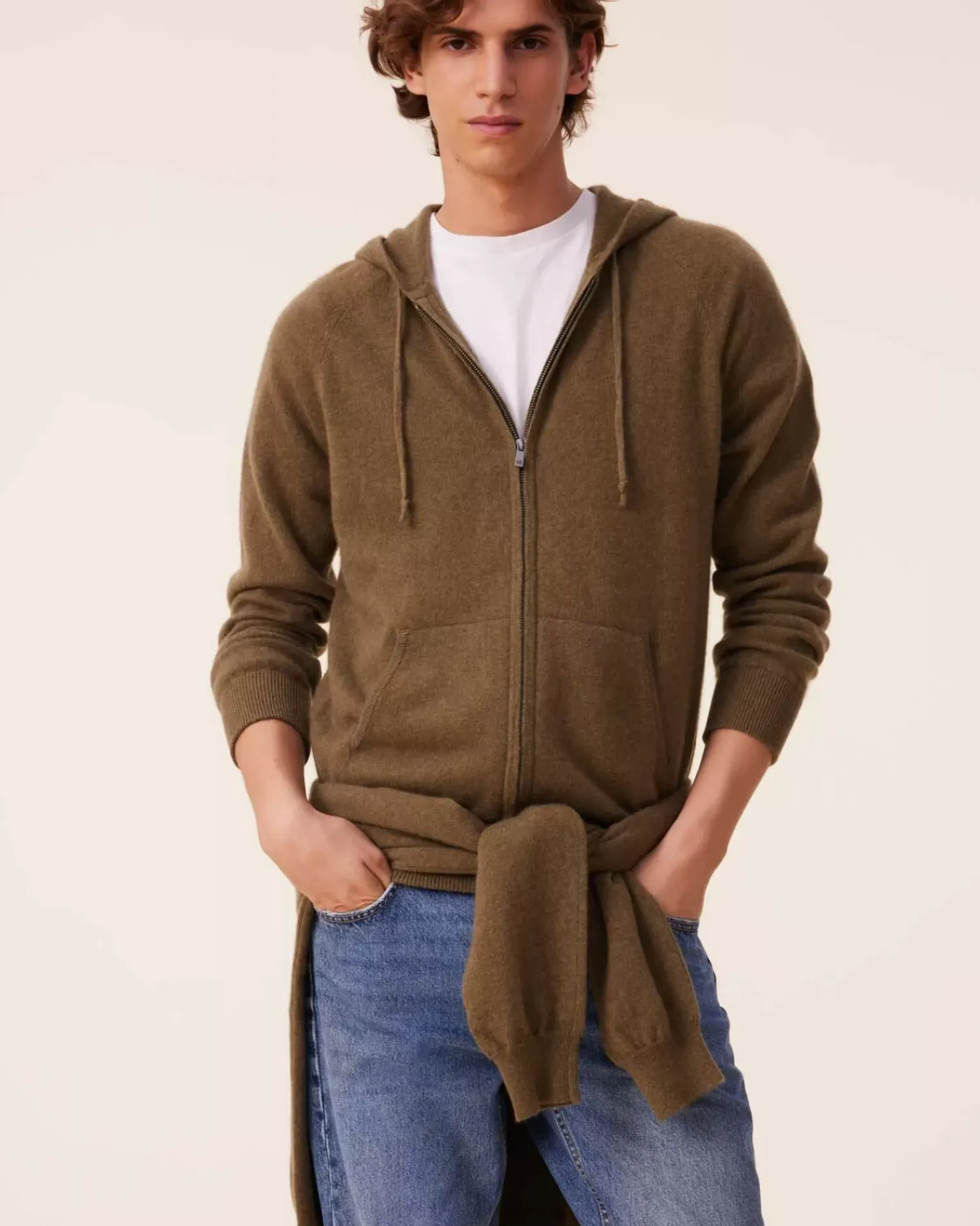 Kujten Hoodies>Men Cashmere Zip Hoodie, 2-Threads Kaki Scout