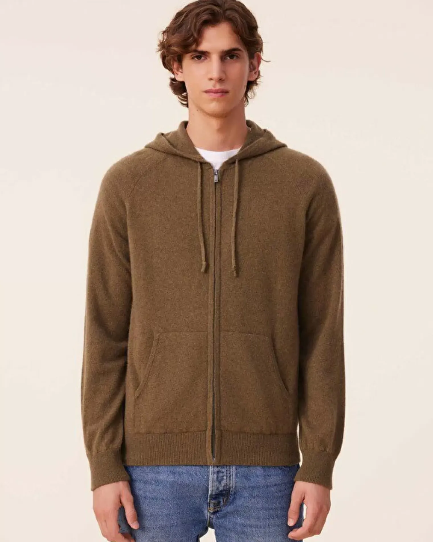 Kujten Hoodies>Men Cashmere Zip Hoodie, 2-Threads Kaki Scout