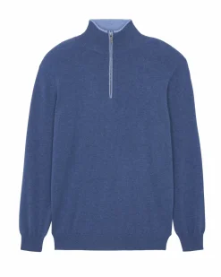 Kujten Sweaters & Sweatshirts>Men Half Zip Cashmere Sweater, 2-Threads Bleu Denim