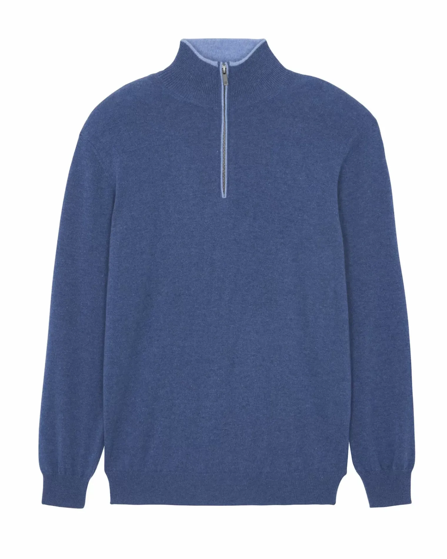 Kujten Sweaters & Sweatshirts>Men Half Zip Cashmere Sweater, 2-Threads Bleu Denim