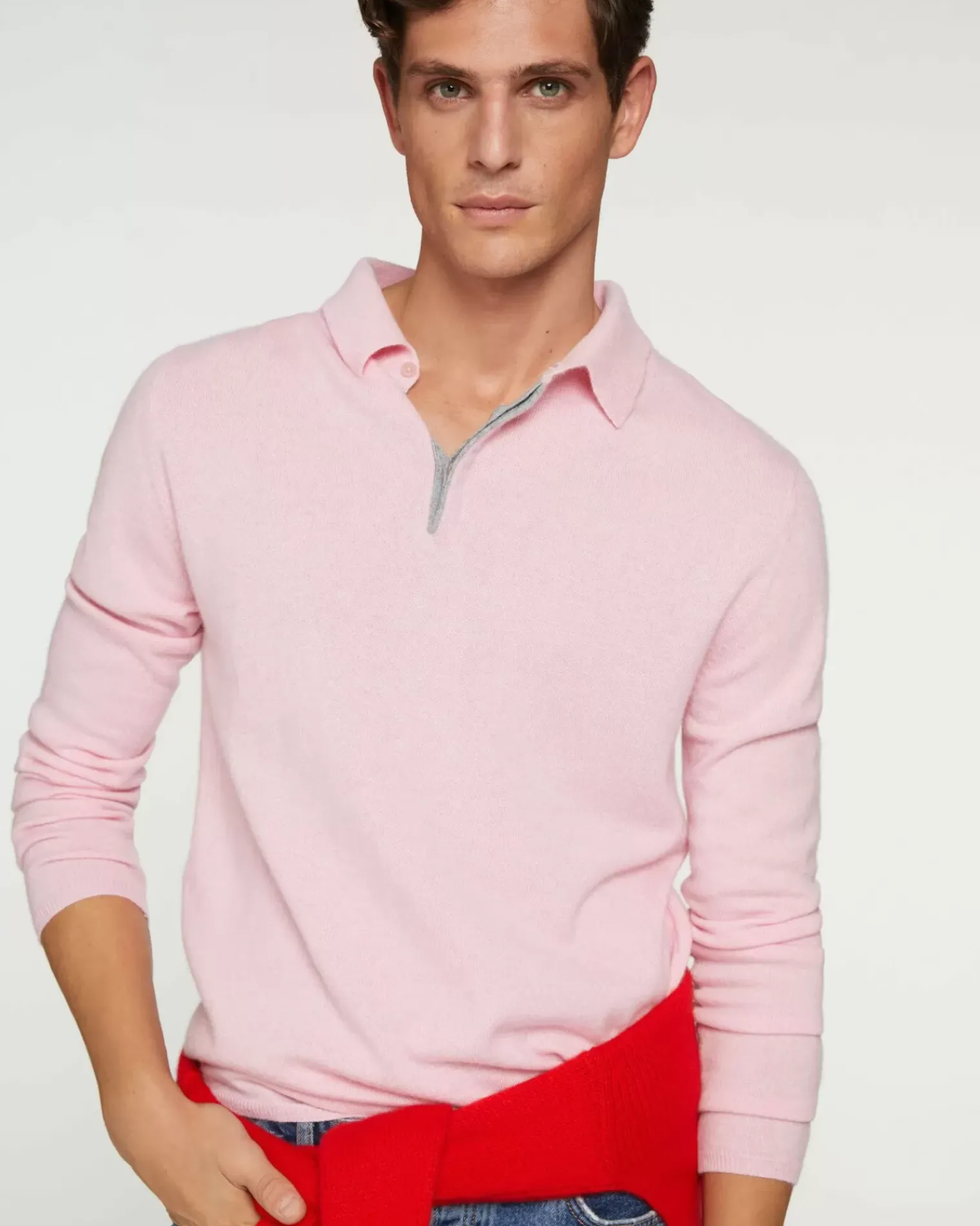 Kujten Sweaters & Sweatshirts>Men Long Sleeved Cashmere Polo Candy Pink