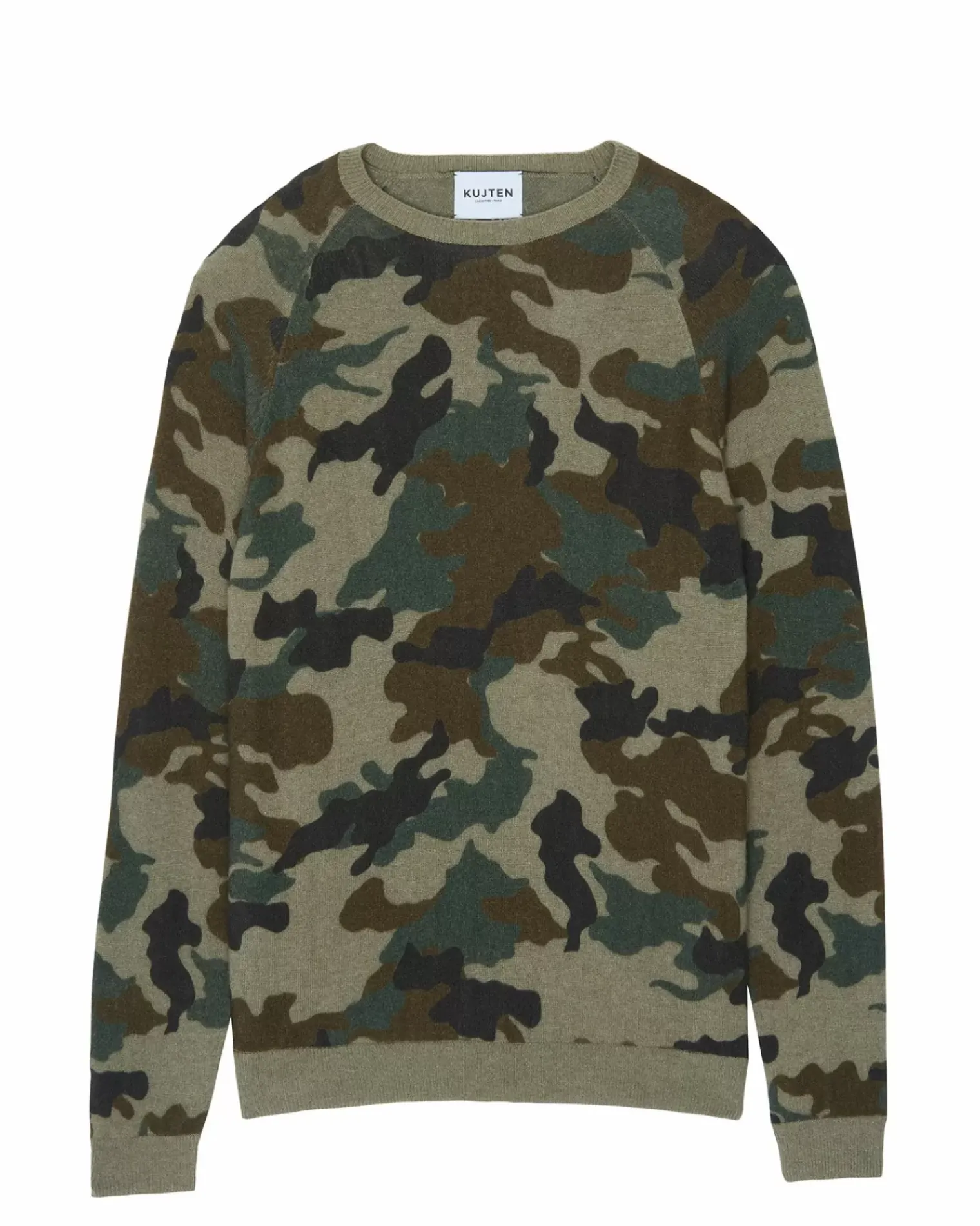 Kujten Sweaters & Sweatshirts>Men Printed Round Neck Cashmere Sweater Camou Kaki
