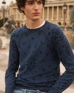 Kujten Sweaters & Sweatshirts>Men Round Neck Cashmere Sweater, 2-Threads Bleu Jeans Fonce