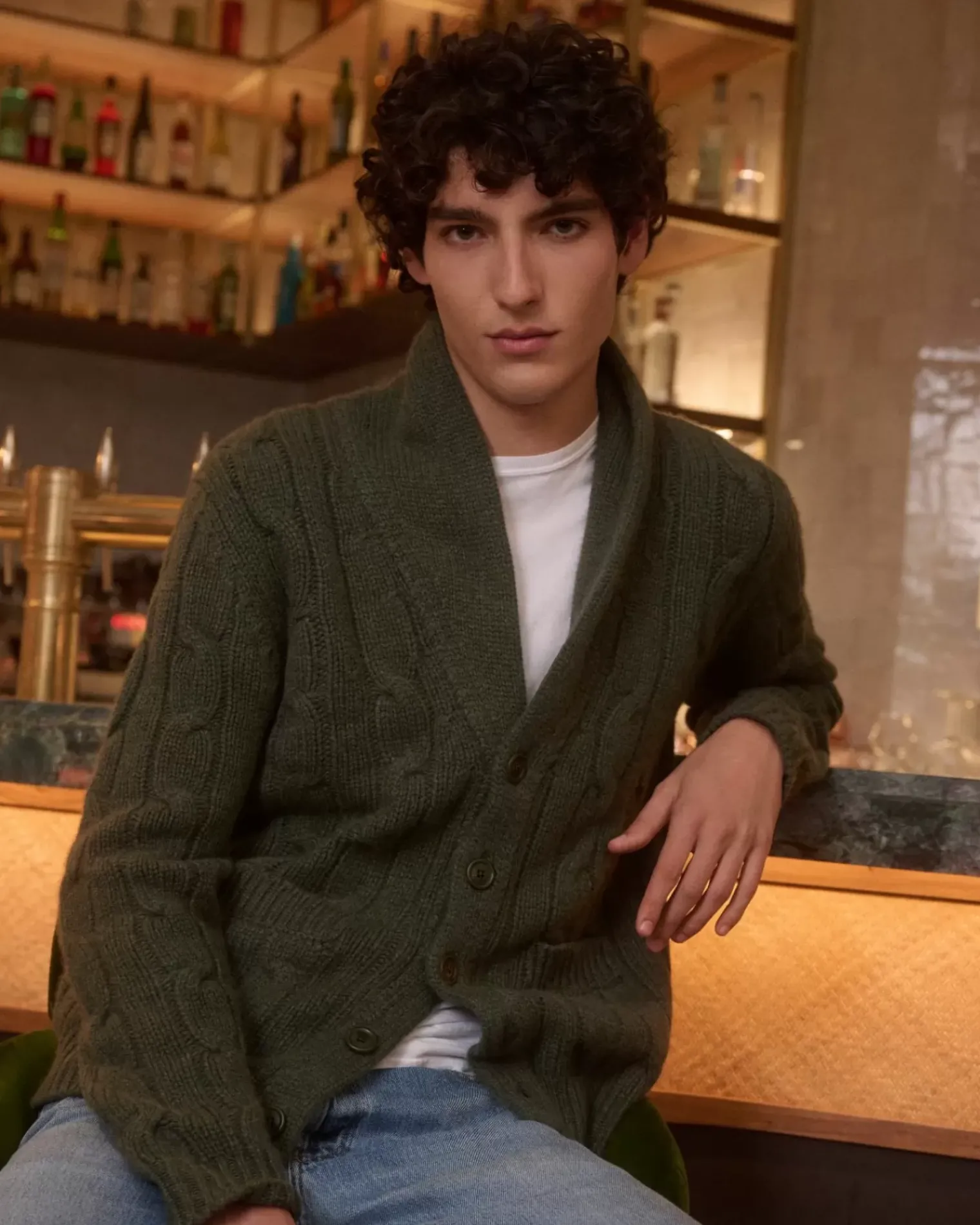 Kujten Jackets & Vests>Men Shawl Collared Cashmere Cardigan Kaki Fonce