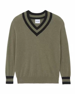 Kujten Sweaters & Sweatshirts>Men Tennis V-Neck Cashmere Sweater Kaki Chine