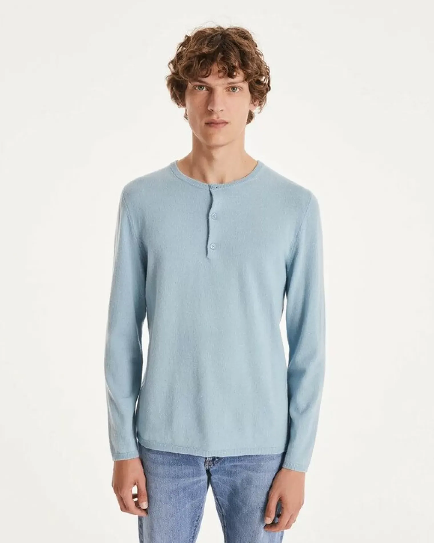 Kujten Sweaters & Sweatshirts>Men Tunisian Collar Cashmere Sweater Blue Ice