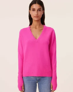 Kujten Sweaters & Sweatshirts>Mittens Sleeves V-Neck Cashmere Sweater, 4-Threads Rose Neon