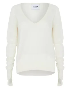 Kujten Sweaters & Sweatshirts>Mittens Sleeves V-Neck Cashmere Sweater Blanc