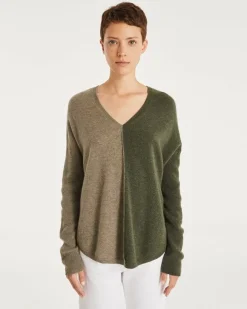 Kujten Sweaters & Sweatshirts>Oversize V-Neck Cashmere Sweater, 2-Threads Kaki Chine