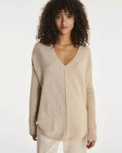 Kujten Sweaters & Sweatshirts>Oversize V-Neck Cashmere Sweater Beige Chine