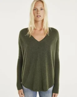 Kujten Sweaters & Sweatshirts>Oversize Woman V-Neck Cashmere Sweater Kaki Fonce