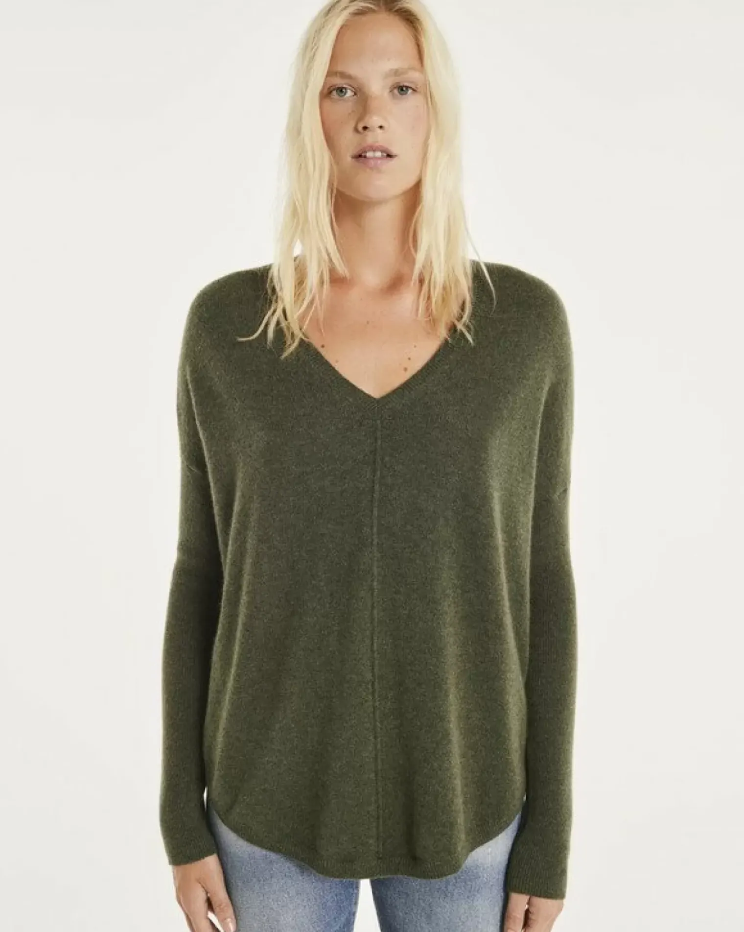 Kujten Sweaters & Sweatshirts>Oversize Woman V-Neck Cashmere Sweater Kaki Fonce