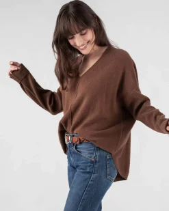 Kujten Sweaters & Sweatshirts>Oversize Woman V-Neck Cashmere Sweater Marron Epice