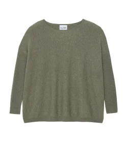 Kujten Sweaters & Sweatshirts>Oversized Round Neck Cashmere Sweater, 2-Threads Kaki Chine