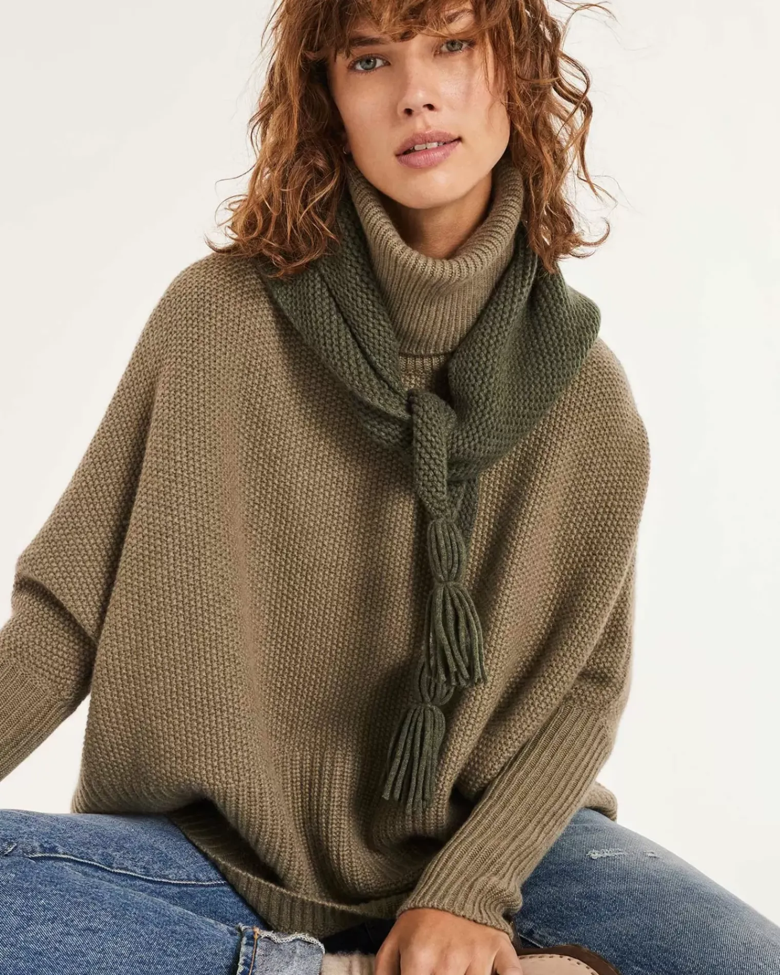 Kujten Sweaters & Sweatshirts>Oversized Turtleneck Cashmere Sweater, 8-Threads Kaki Chine